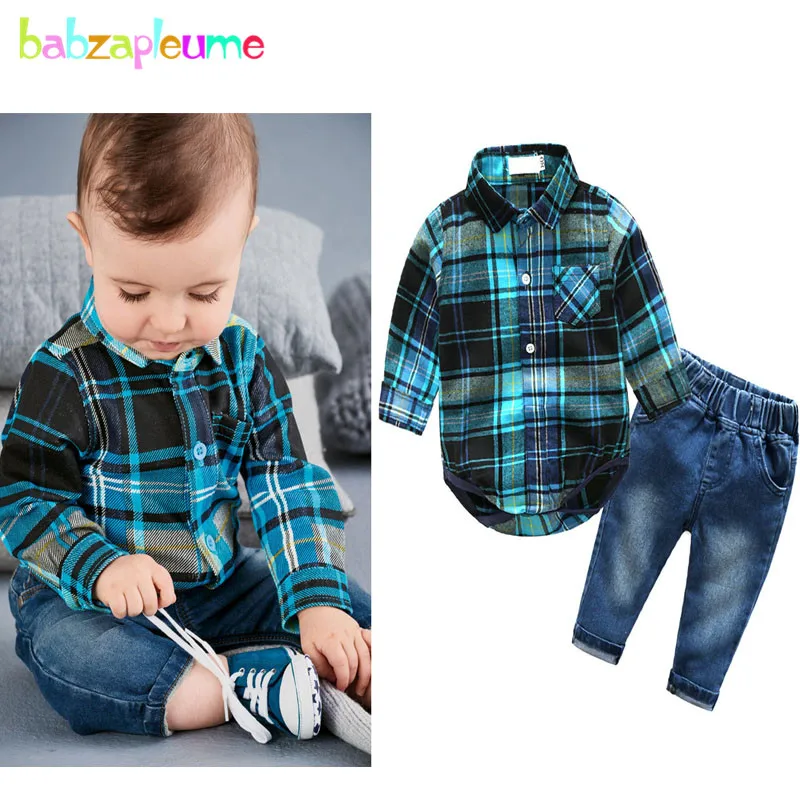 2Piece Sets Spring Autumn Baby Boy Clothes Fashion Gentleman Plaid Long Sleeve Newborn Rompers+Jeans Toddler Jumpsuits BC1328