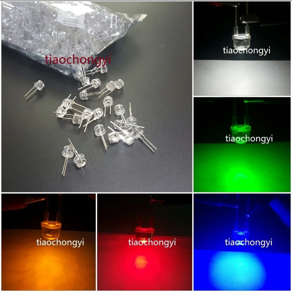 Hot New 100pcs 2pin 8mm 0.5W Wide Angle Bright High Power LED (Red Green Blue Yellow White )