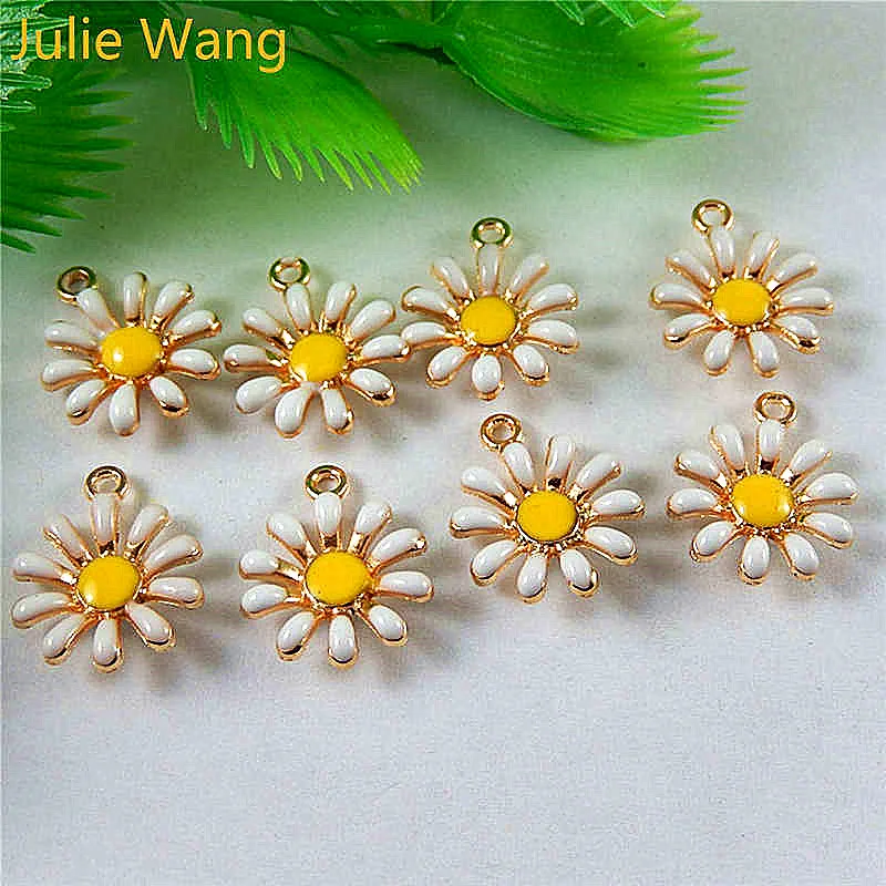 Julie Wang 10PCS Enamel Daisy Sun Flower Alloy Charms Pendant Earrings Bracelet Jewelry Making Accessory