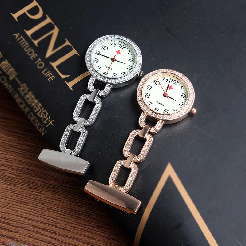 Fashion Clip-on Fob Quartz Brooch Hanging Nurse Pin Watch Luxury Crystal Lady Women Steel Luminous Pocket Watch relogio feminino