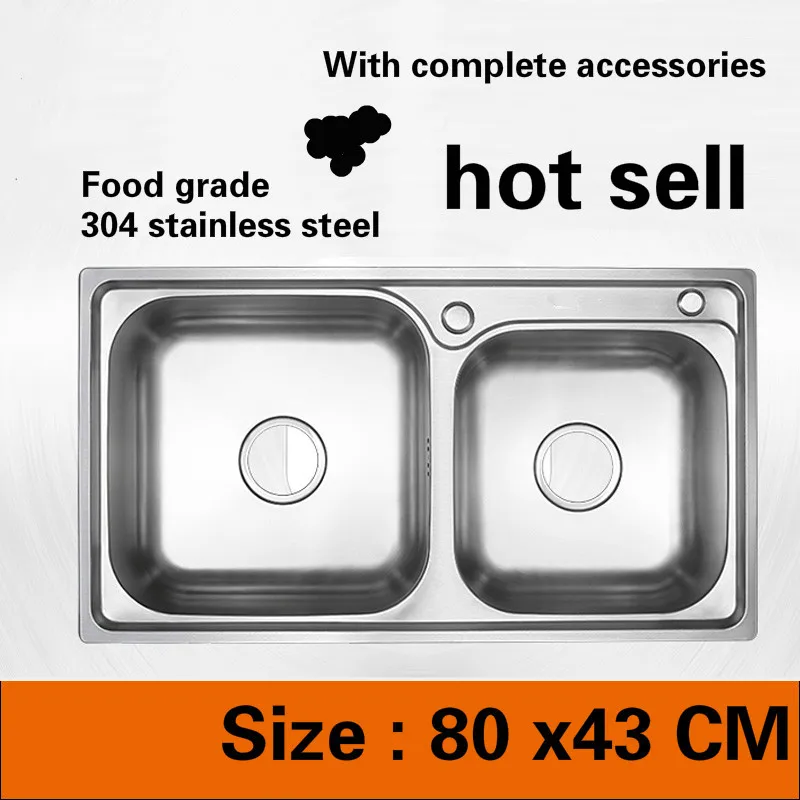 

Free shipping Food grade 304 stainless steel hot sell kitchen sink ordinary double trough 0.7 mm thick durable 80x43 CM