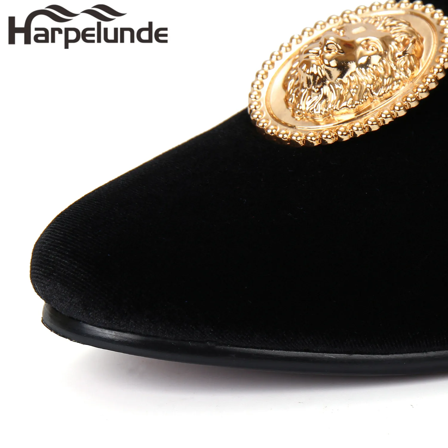 Harpelunde Men Event Tuxedo Shoes Lion Emblem Dress Wedding Black Velvet Loafer Slippers