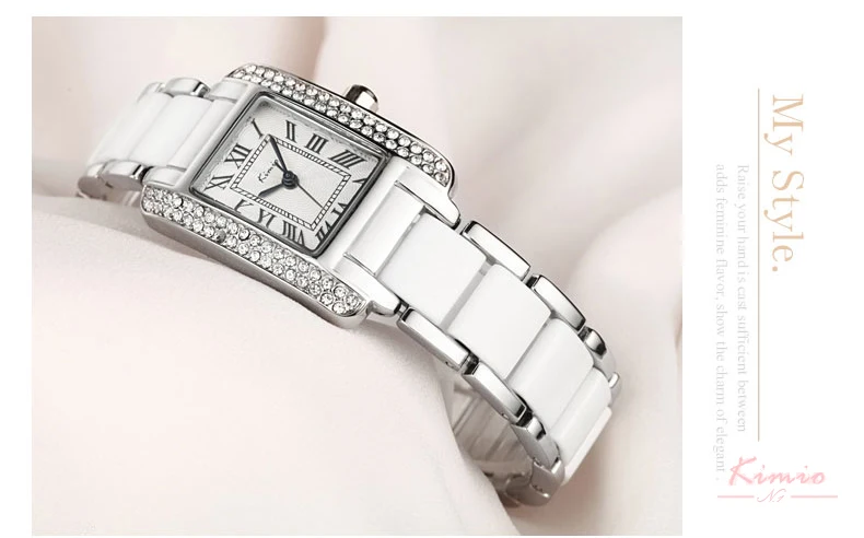 Kimio Brand Women Quartz Watches Silver Diamond Pearl Dial Dress Wristwatch Female Classic Imitation Ceramics Watch montre femme