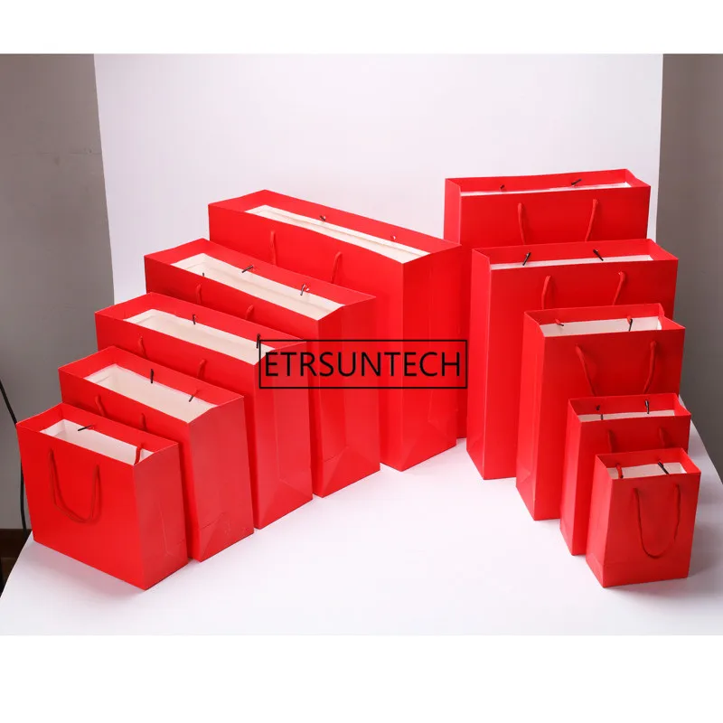 100pcs/lot High quality 10 Size Red kraft paper bag with handle Wedding Party Favor Paper Gift Bags wholesale