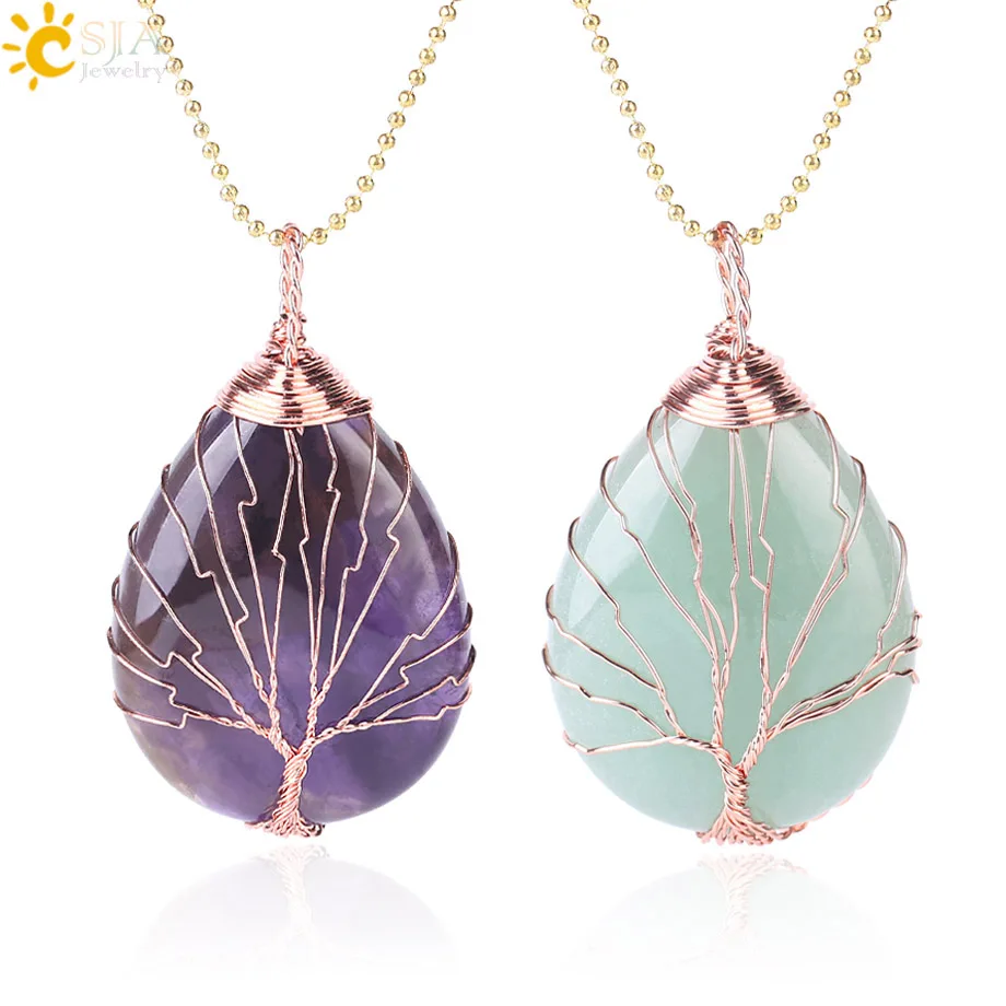 CSJA Tree of Life Water Drop Necklace & Pendants Rose Gold Color Wrap Wire Natural Gem Stone Purple Pink Quartz Opal Chakra E640