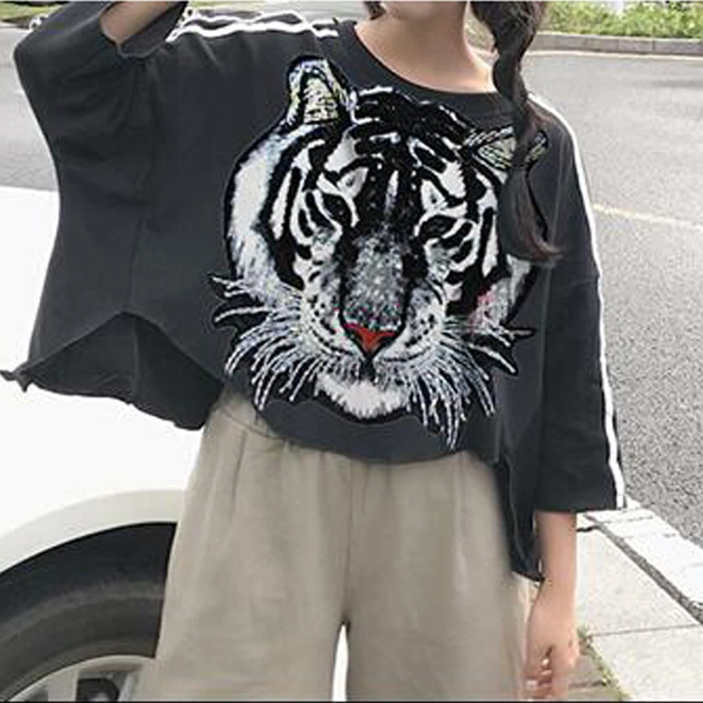 Large Tiger Head Patches Sequin Badge Patch Sticker Applique Tiger Head Sew on T-shirt Jackets Coats Garment Clothes Bag Decorat