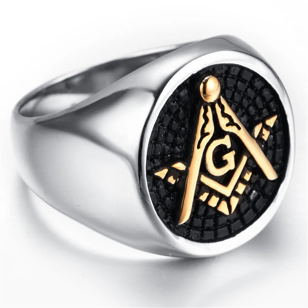 Mens Black Gold Embossed Stamped Freemason Masonic Ring  Stainless Steel Ring New