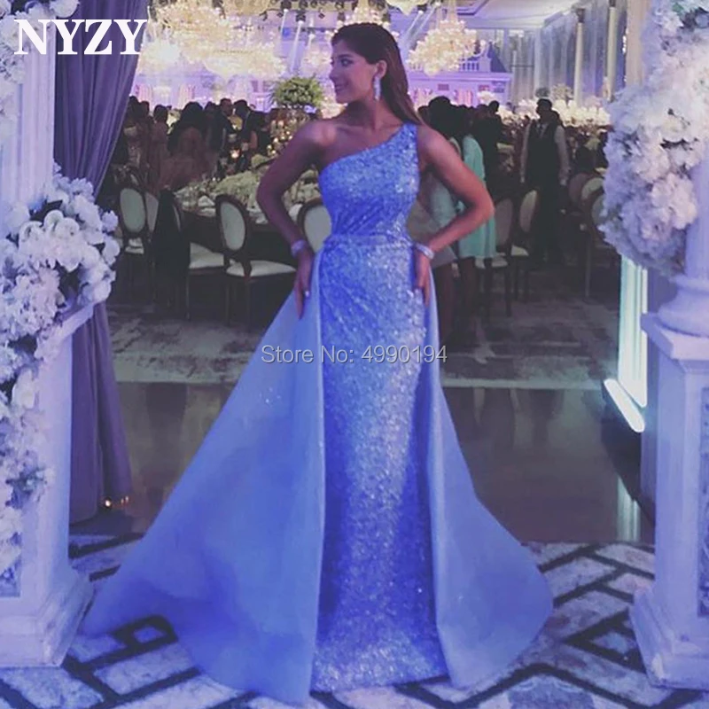 

NYZY E103 Elegant Engagement Dress One Shoulder Blue Sequin Mermaid Saudi Arabic Evening Dress robe soiree dubai