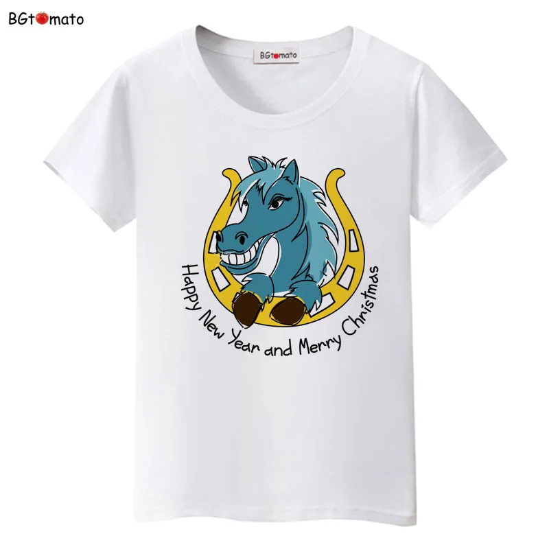 Happy new year blue horse printing T-shirts Super fashion hot sale Lucky Shirts Original brand casual Tops Tees women