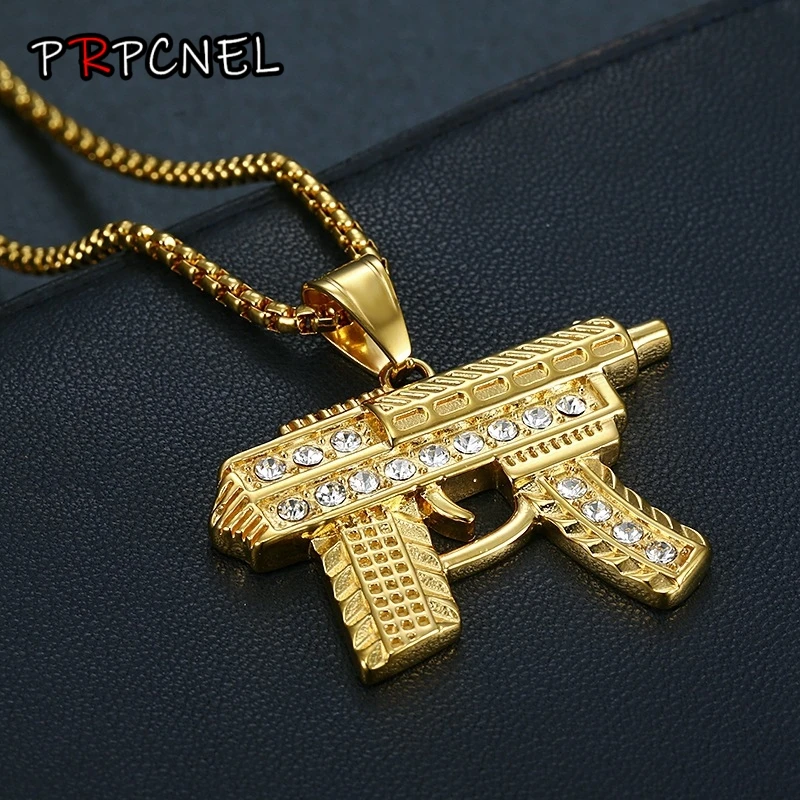 Fashion Gold Color Submachine gun Link Chain Pedant Necklace zircon Stainless steel Choker Hip Hop For Men Jewelry Collier Male