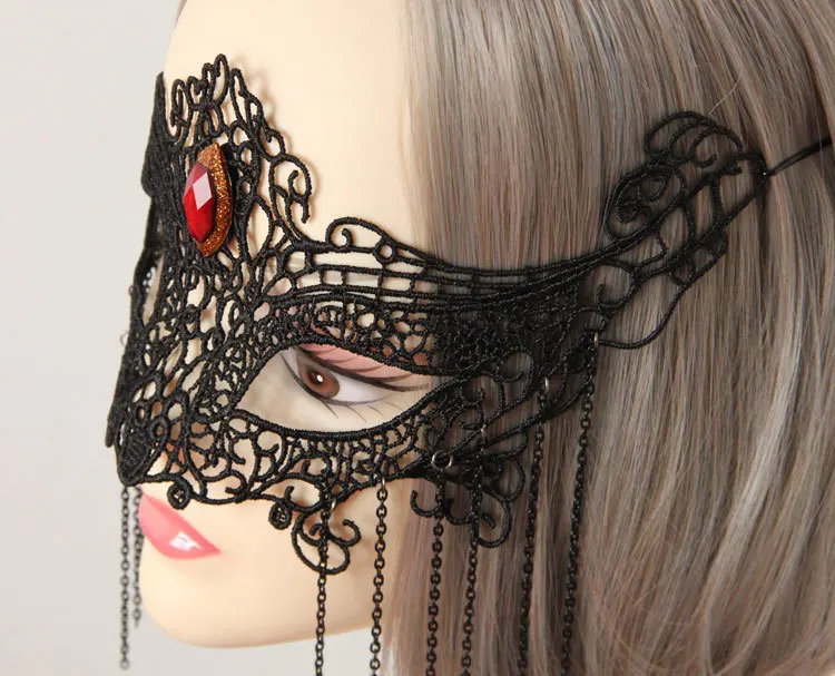 Women Face Eye Mask Sexy Gothic Stone Tassel Black Lace Cat Masquerade Hair Bobby Pins Costume Ball Party Halloween Accessories