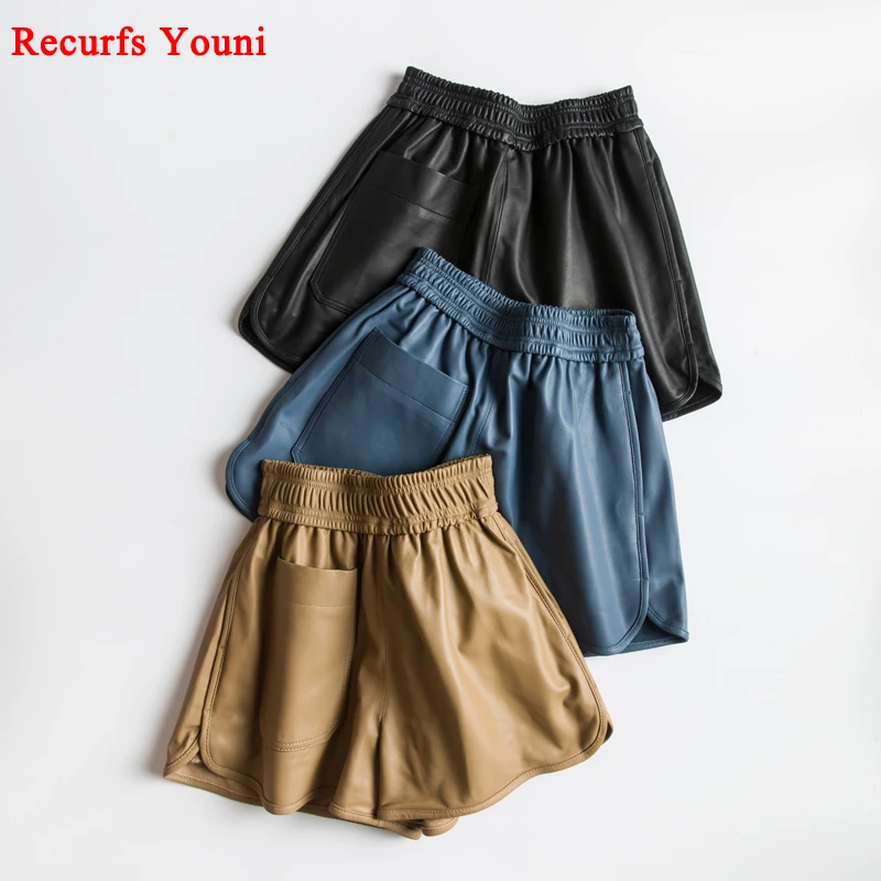 

Winter Women Harajuku Genuine Leather Elastic High Waist Large Pocket Wide Leg Shorts Casual Mujer Sexy Booty Short Yellow/Blue