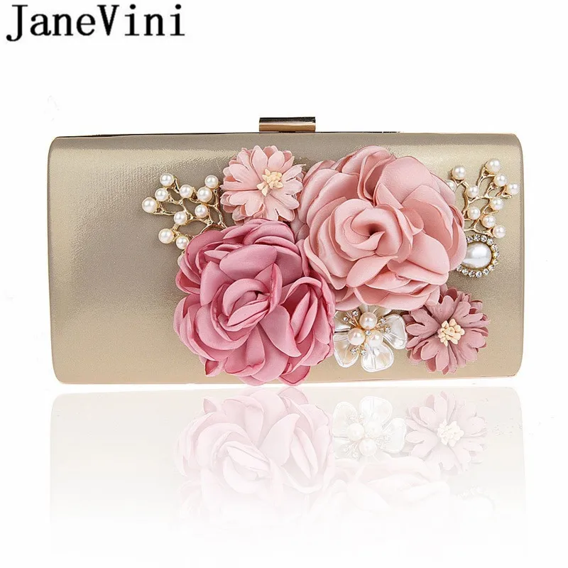 JaneVini 2021 New Arrival Women Evening Bag Flowers Pearl Banquet Party Ladies Crossbody Bag Wedding Handbag Chain Shoulder Bag