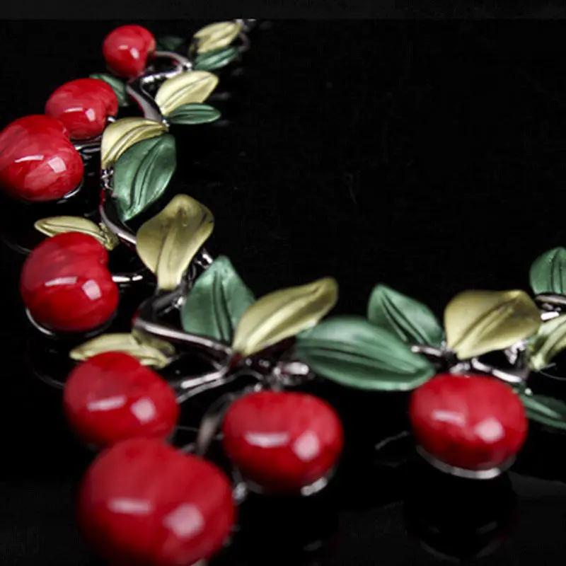 Trendy Women Party Jewelry Set Cherry Leaf Shape Sweet Female Stud Earring Choker Statement Necklace Collar (Color: Red