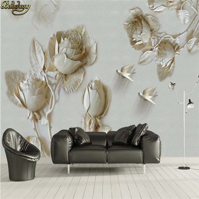 beibehang Custom Photo mural Wallpaper Stereo concave-convex Gold Relief Rose Flying Bird TV Background Wall papel de parede 3D