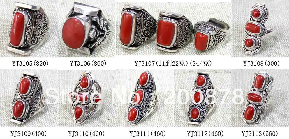 Mix Wholesale 10PCS Tibetan Jewelry Rings Nepal Handmade 925 Silver inlay Natural Baboo Coral Ring for Man Free Shipping