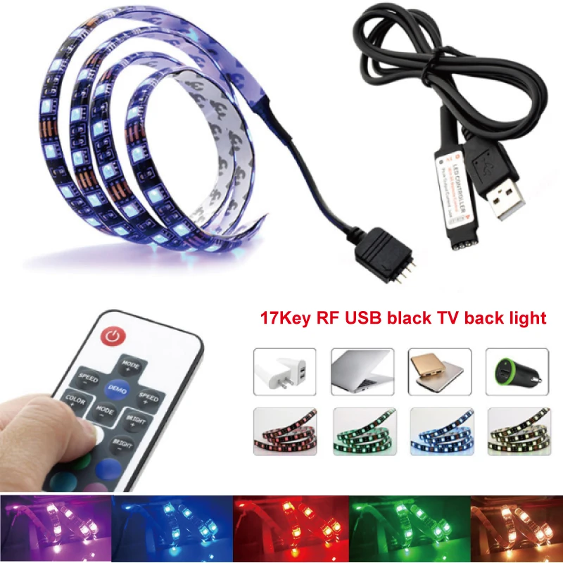 TV back light Black pcb 0.5m-2m/pc 5V USB 5050 LED strip Flexible RGB Color Changing light 16 color IP65+17key RF controller