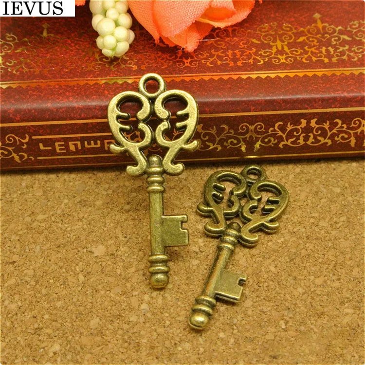 Hot selling 6 pieces/lot 32mm*14mm antique bronze plated hollow out key charm crown key charm diy handmade craft jewelry making