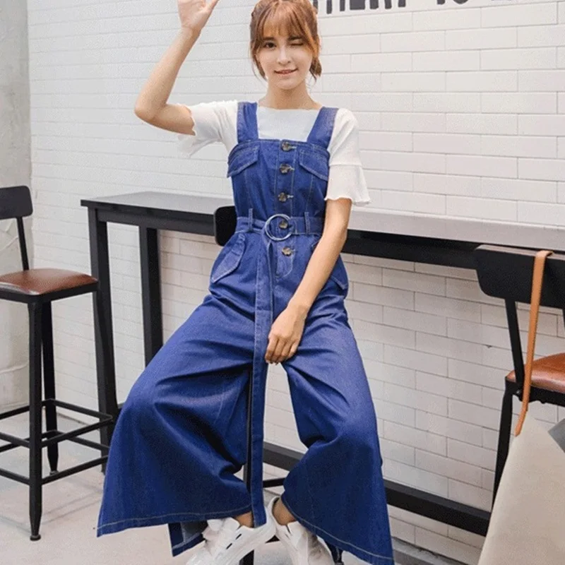 Jumpsuits women 2018 solid wide leg overalls for woman elegant ankle-length pants high waist belted loose jumpsuit DD571 L