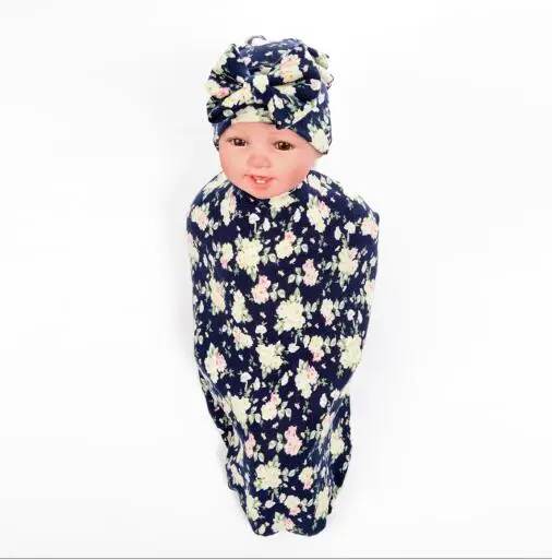 

2017 new kids swaddle blanket and bowknot cap set flower bud blanket girls photography props muslin swaddle wrap