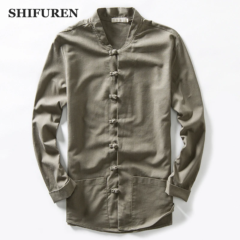 

SHIFUREN Men Linen Cotton Shirts Breathable Kung Fu Tang Male Casual Shirts Mandarin Collar Traditional Chinese Style Size M-3XL