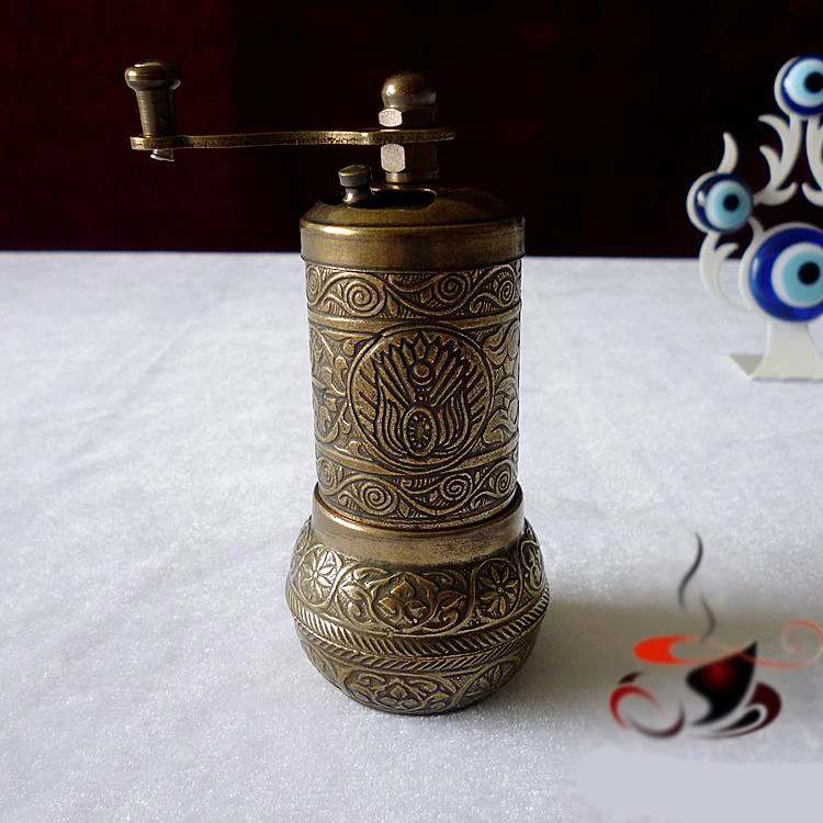 Turkish style manual coffee & spice seasoning grinder all metal mini table grinder Copper Alloy Relief Pattern