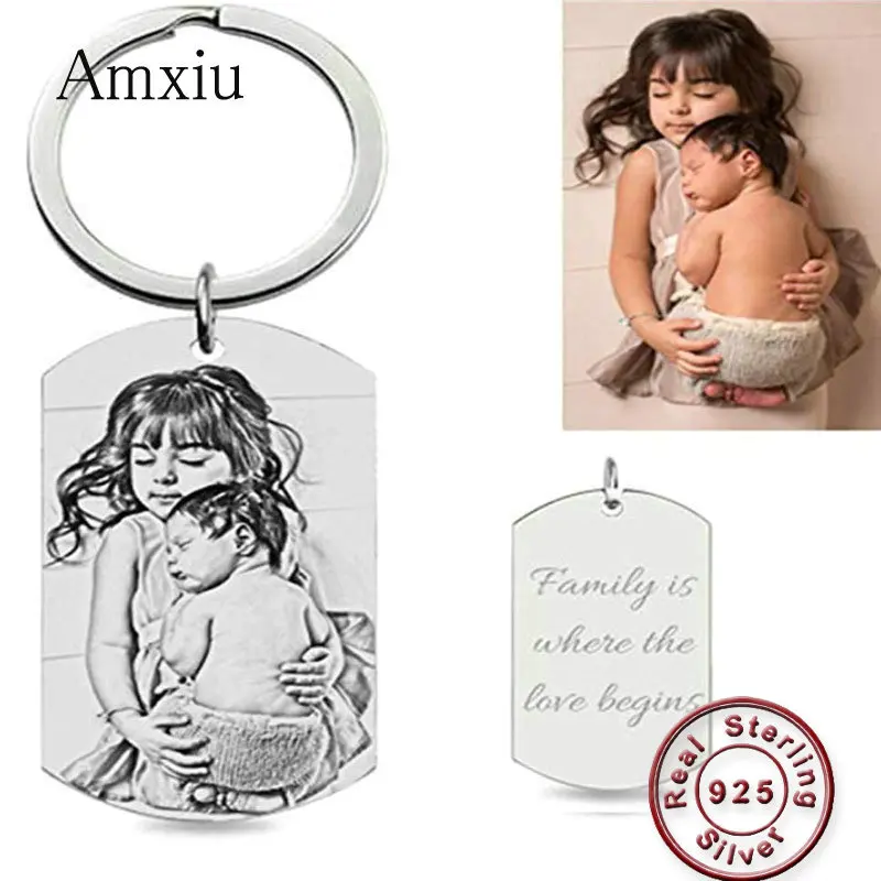 Amxiu Custom Photo 925 Sterling Silver Keychain Engrave Name Words Key Accessories Square Jewelry Women Men Gifts Kids ID Tags