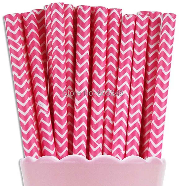 100 Pcs Mixed Colors Printed Hot Pink Chevron Paper Straws, Cheap Vintage Biodegradable Decorative Party Paper Drinking Straws