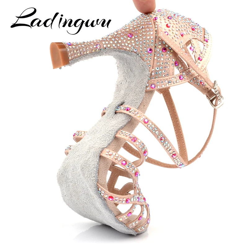 Ladingwu Dance Shoes Latin Women Big Small Red pomegranate Rhinestone Salsa Tango Shoes Dancing Wedding Shoes Cuba Heel 6-9cm