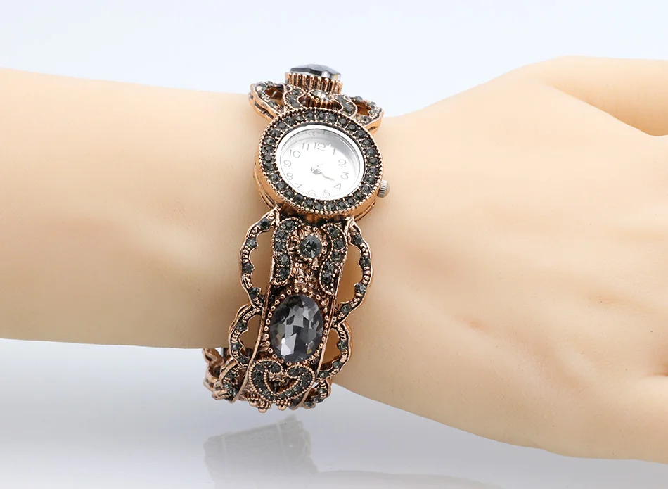 Vintage Round Gray Crystal Bangle Watch Jewelry For Women Antique Gold Color Cuff Bracelet Turkish Wedding Bijoux 2018 Wholesale