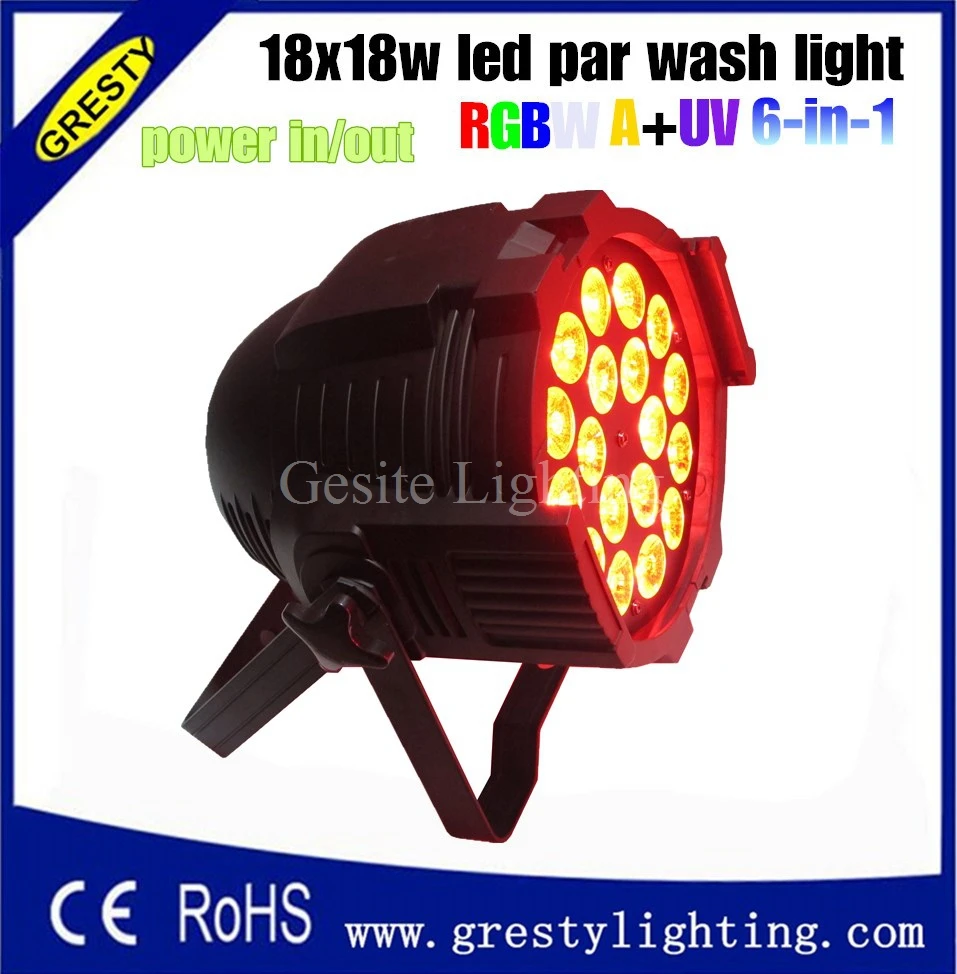 

8pcs/lot Hot sale!! 18pcs 18w rgbwa uv 6in1 led stage lighting par 64 RGBWAUV leds par can 18pcs 6 in 1 led par power in/out