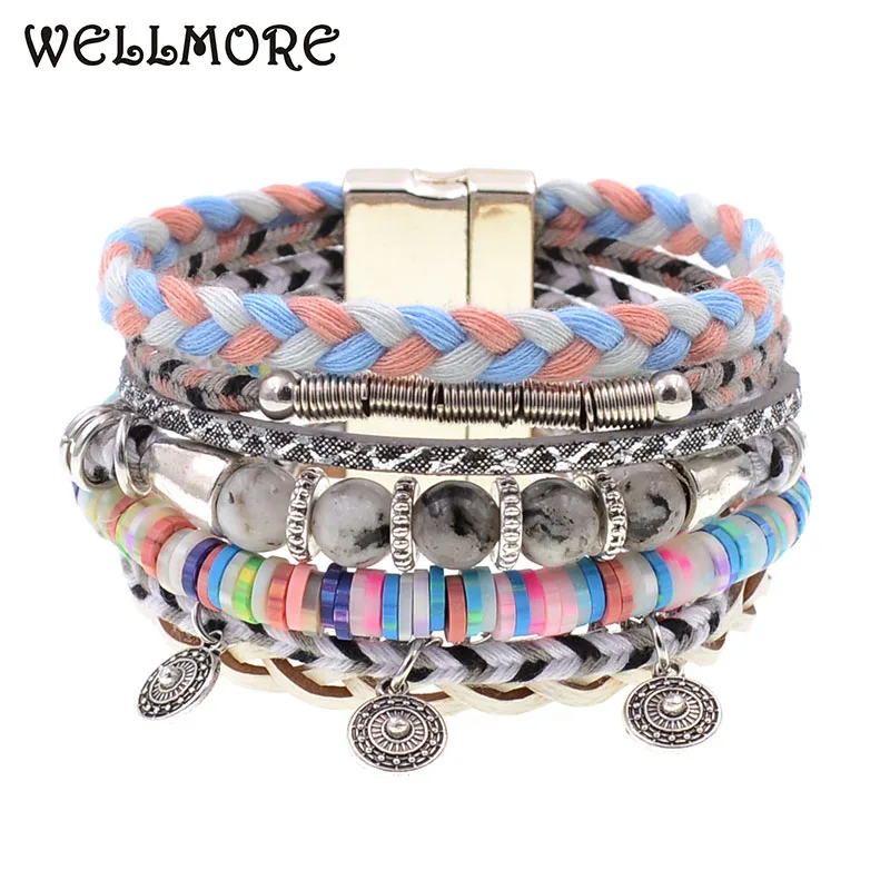 WELLMORE women bracelets leather bracelets natural stone beads beaded bracelets bohemia charm bracelets for women drop shipping