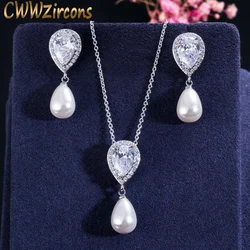 CWWZircons Brilliant Quality Cute Water Drop Cubic Zirconia Dangling Pearl Necklace Earrings Jewelry Sets for Women T156