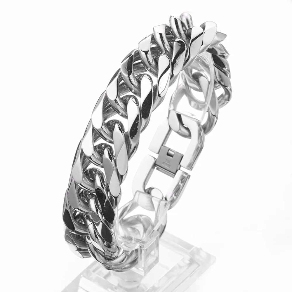 Fashion Hiphop Rock Mens Jewelry Stainless Steel Silver color Curb Cuban Link Chain Bracelet Charm Cool Jewelry 19/21mm Bangles