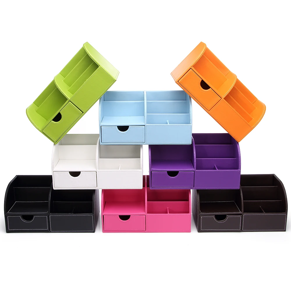 Home Office Desk Organizer PU Leather Storage Box Pen Pot Pencil Holder Remote Control Box Name Card Holder Stand