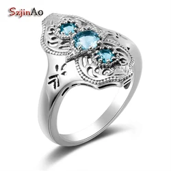 Szjinao Personalized Turkish Rings For Women Hiphop Wedding Band Aquamarine 925 Sterling Silver Antique Jewelry Wholesale
