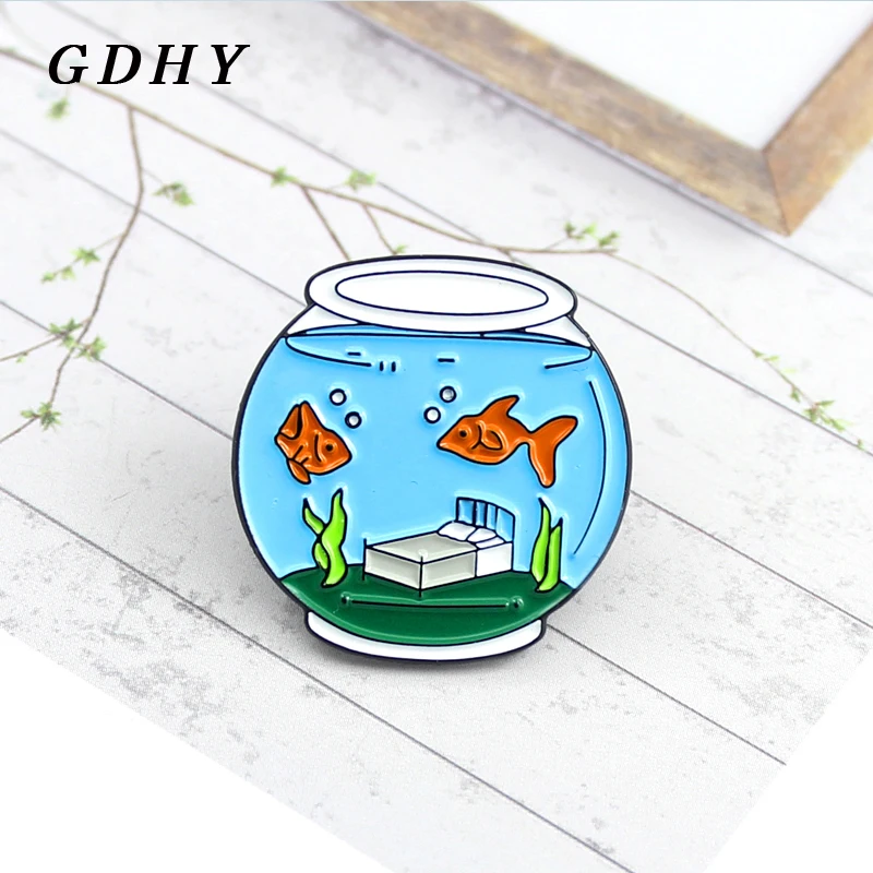 GDHY Goldfish Fish Tank Brooch Goldfish Sleep Aquarium Enamel Pin Lapel Backpack Hat Denim Badge For Kids Friends Gifts