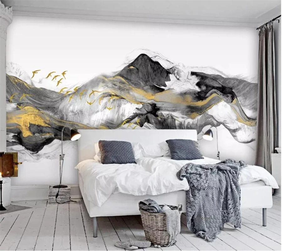 

beibehang papel de parede Custom wallpaper 3d Photo Murals Bird New Chinese Abstract Golden Ink landscape TV backdrop wall paper