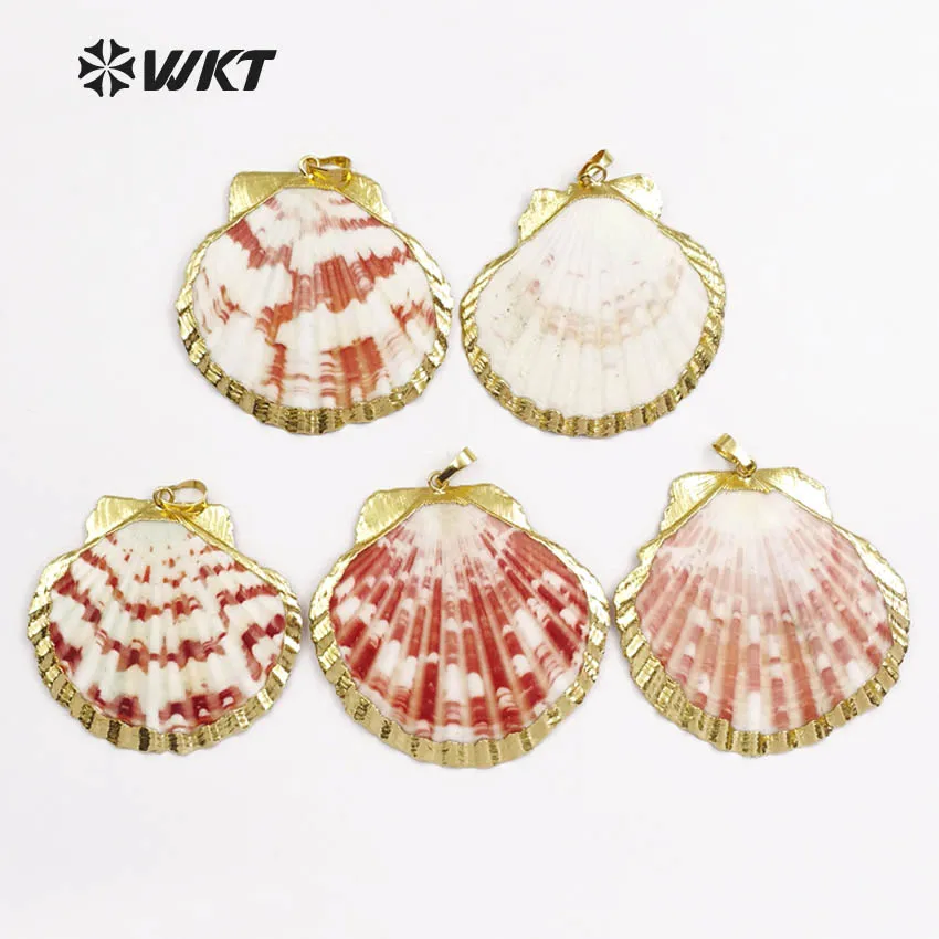 WT-JP054 Wholesale Natural Scallop Shell With Gold Trim Pendant For Women Vintage Jewelry Bohemia Accessory Making