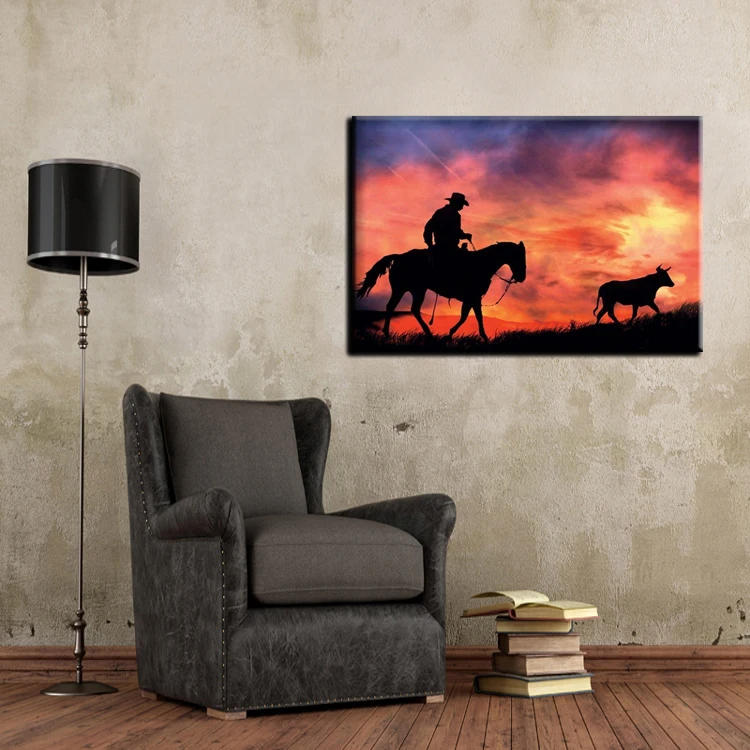 Old Experienced Painter 100%Handmade High Quality Wall Decor Painting Western CowBoy Riding Horse In Sunset Oil Paintings