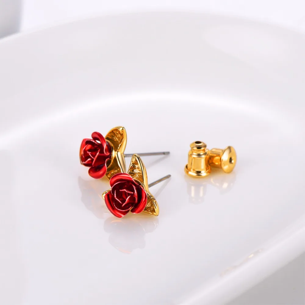 U7 Cute Red Rose Metal Flowers Stud Earring For Women Lady Romantic Gift Brincos Wedding Earrings Party Jewelry E1014