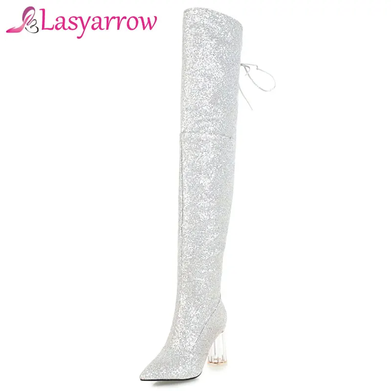 Lasyarrow Over the Knee Boots for Women Shoes Pointed Toe Lace Up High Heels Long Thigh High Boots Black Sexy Gold Silver F326