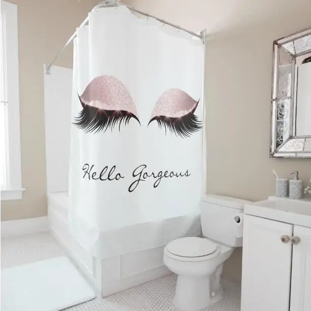 Stylish Rose Gold Eyelash Eye Lash Bath Curtain Shower Curtain Set Girly Glitter Hello Gorgeous Curtain for Bathroom Home Decor