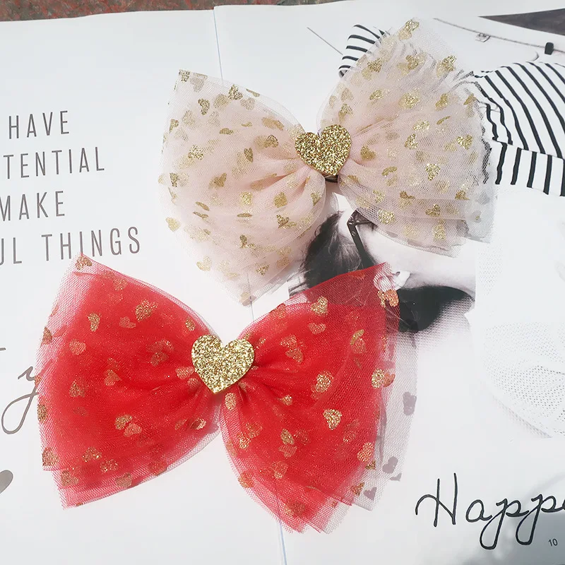 

Boutique ins 12pcs Fashion Cute Glitter Heart Bowknot Hairpins Big Gauze Mesh Bow Hair Clips Princess Headwear Hair Accessories