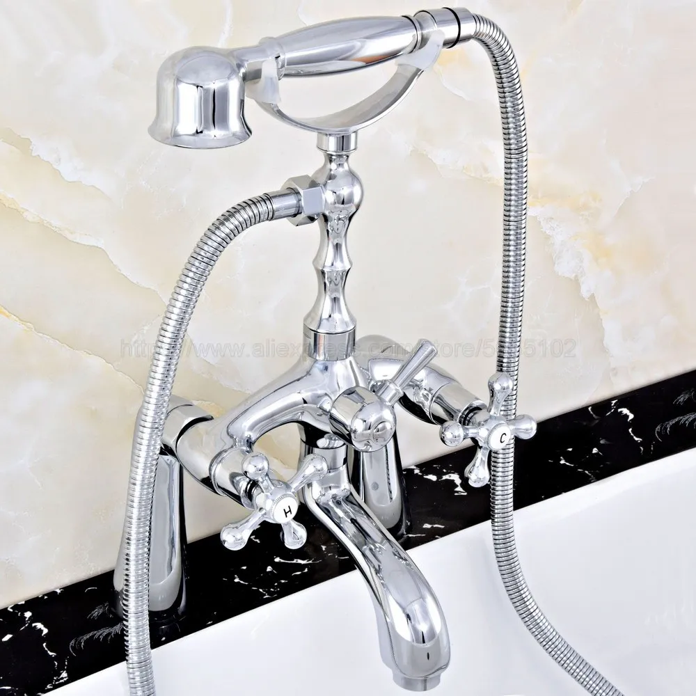 

Polished Chrome Deck Mounted Telephone Shape Spout Bathtub Mixer Tap Dual Cross Handles with hand shower faucets ztf753