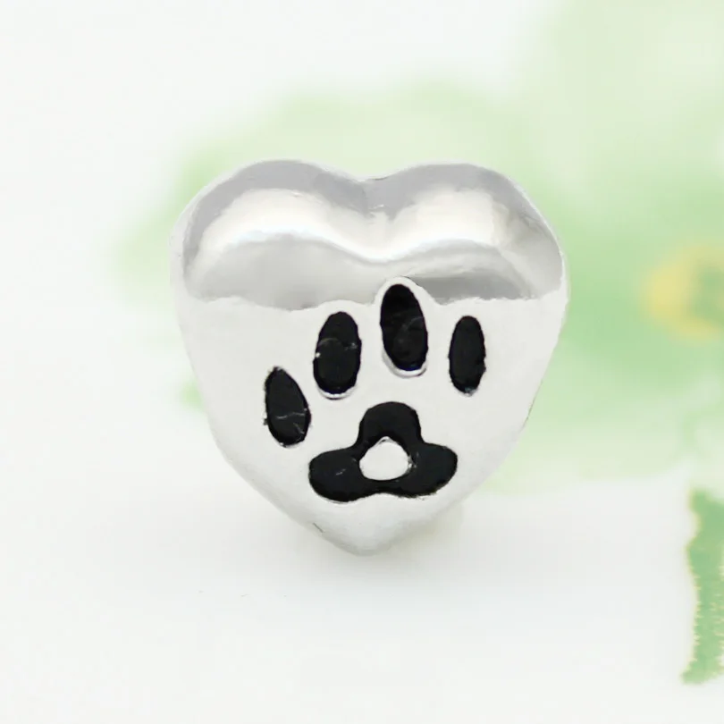 Dog footprints heart-shaped love mom charm handmade DIY jewelry accessories amulet Fit Pandora Bracelet Necklace