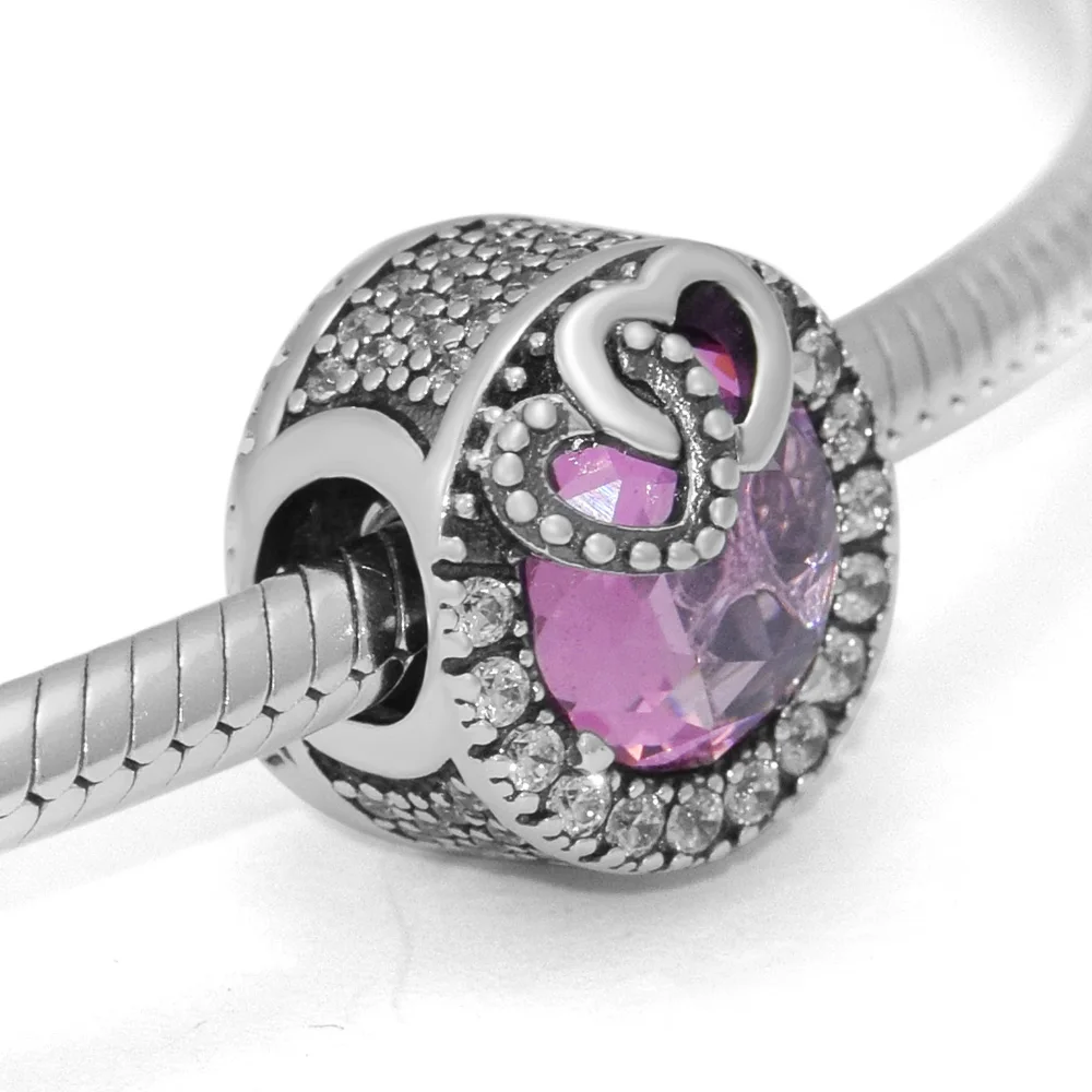 Heart and soul Pink CZ Bead Fits Woman Charm Bracelet & Choker Sterling Silver Jewelry Beads For Jewelry Making