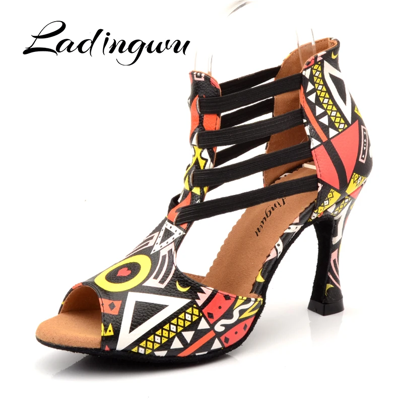 Ladingwu New Featured printing Dancing Shoes For Women Spring and Summer Latin Salsa Dance Boots Paty Ballroom Dance Shoes Woman