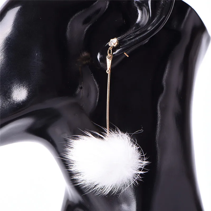 1Pair Women Crystal Cute Rabbit Fur Ball PomPom Long Drop Earrings For Soft Pom Pom Ear Dangle Jewelry Winter Gift Trinket