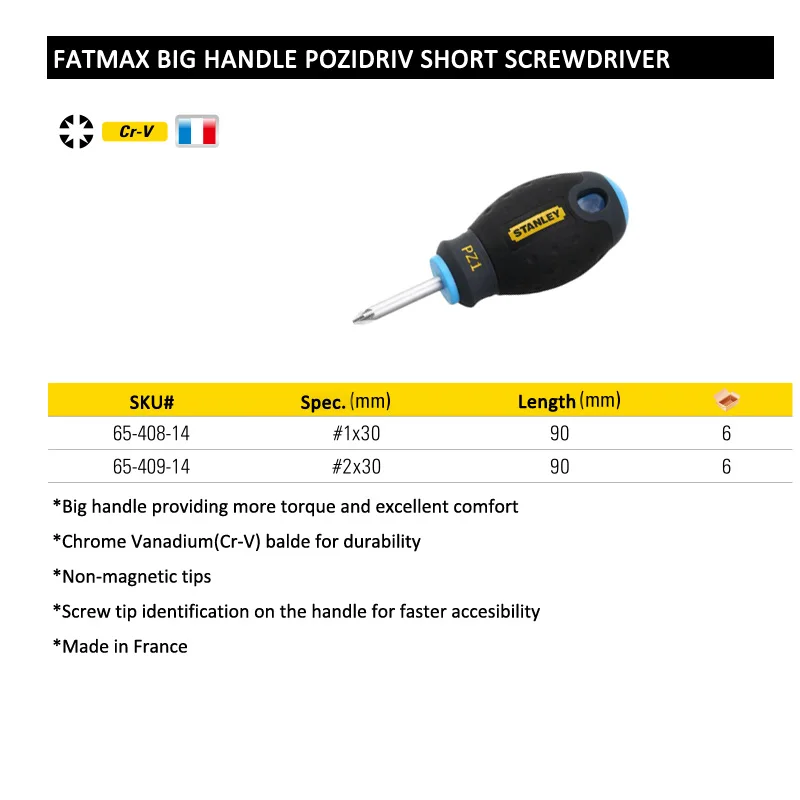 Fatmax 1-piece stubby pozidriv screwdriver pozi short screwdrivers head PZ1 PZ2 without magnet shaft 30mm Crv steel open tools